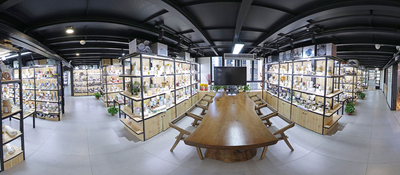 Custom ceramic drinkware samples in company showroom for bulk wholesale orders